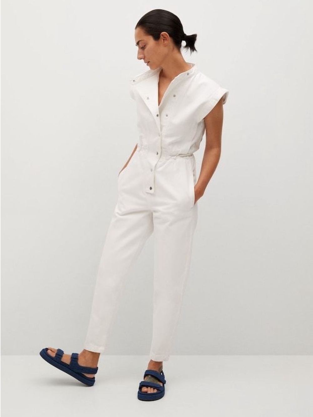 Zara White Denim Utility Jumpsuit Sleeveless Barrel Leg Snap Front Size M - Picture 10 of 11